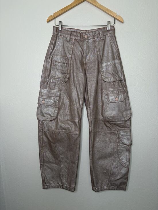 Free People Denim - Free People We The Free Lap Of Luxury Barrel Cargo Jeans Tan Metallic Size 25
